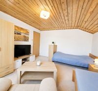 Izba v rodinnom dome s dreveným stropom, posteľami a TV.  
Zimmer in einem Einfamilienhaus mit Holzbalkendecke, Betten und Fernseher.