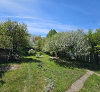 Ein Garten bei einem Einfamilienhaus in Nižná Hutka mit Rasen, Bäumen und einem Pavillon.