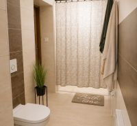 Badezimmer im Einfamilienhaus mit Toilette, Duschvorhang und heller Fliesenverkleidung.