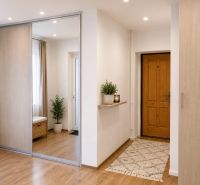 Innenraum eines Einfamilienhauses mit Holzboden, Spiegelschrank und dekorativen Pflanzen.