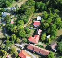 Draufsicht auf die grünen Gärten im Dorf Kolačno und die Umgebung der Häuser.