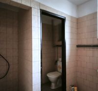Badezimmer in Produktionsräumen mit Toilette, Waschbecken und Dusche.