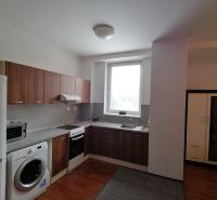 Küche einer 2-Zimmer-Wohnung mit Küchenzeile, Waschmaschine, Kühlschrank und Bodenbelag in Holzoptik.