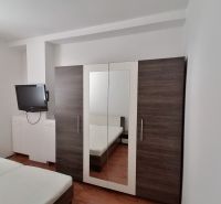 Schlafzimmer mit Fernseher, Kleiderschrank und Bett, 2-Zimmer-Wohnung.
