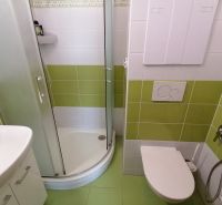 Badezimmer mit Dusche und grünen Fliesen in einer 2-Zimmer-Wohnung.