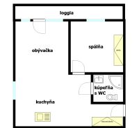 Grundriss einer 2-Zimmer-Wohnung mit Loggia, Wohnzimmer, Küche und Badezimmer mit WC.