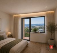 Ein Schlafzimmer in einem Einfamilienhaus mit Aussicht, einem Bett und einem Boden mit Holzdekor.
