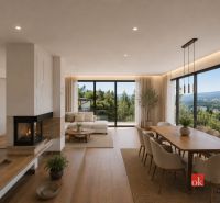 Wohnzimmer mit Kamin, Esstisch und Ausblick in einem Einfamilienhaus.