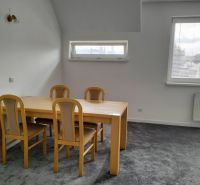 Ein Tisch mit vier Stühlen in einer Zweizimmerwohnung, grauer Teppich, zwei Fenster.