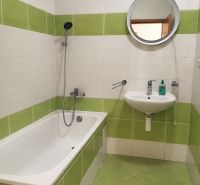 Badezimmer in einer Zweizimmerwohnung mit smaragdgrünen Fliesen und einem runden Spiegel.
