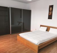 Schlafzimmer in einer 2-Zimmer-Wohnung mit Bett und großem Kleiderschrank, Boden mit Holzdekor.