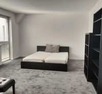 Schlafzimmer in einer 2-Zimmer-Wohnung mit Bett, Regalen und Teppich in neutralen Farben.