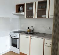 Küche mit weißen Schränken in einer 2-Zimmer-Wohnung, Boden mit Holzdekor.