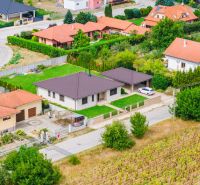 Luftaufnahme von Einfamilienhäusern in der Družstevná-Straße in Vráble, umgeben von Grünflächen und Vegetation.