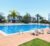 Ein Einfamilienhaus in Yeni Boğaziçi mit Garten und Pool, umgeben von Palmen.