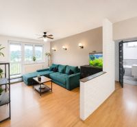 Wohnzimmer in einer 4-Zimmer-Wohnung mit einer türkisfarbenen Couch, einem Aquarium und einem Boden in Holzoptik.