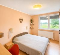 Schlafzimmer einer 4-Zimmer-Wohnung mit Holzboden, orangefarbenen Wänden und Blick ins Grüne.