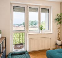 Ein Zimmer in einer 4-Zimmer-Wohnung mit einem Fenster, Pflanzen und einem Boden in Holzoptik.
