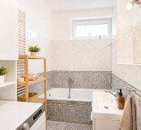 Badezimmer mit Dusche, Waschbecken, Schränken und Pflanzen in einer Vierzimmerwohnung.