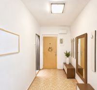 Flur mit Eingangstür, Spiegel und dekorativen Möbeln in einer 4-Zimmer-Wohnung.