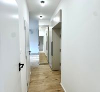 Ein Flur mit hellen Wänden und einem Boden in Holzoptik in einer 3-Zimmer-Wohnung.