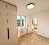 Ein Zimmer mit einem Holzboden und einem Schrank in einer 3-Zimmer-Wohnung.