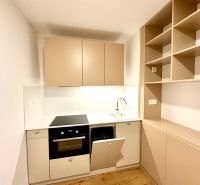 Küchenzeile in einer Einzimmerwohnung mit Holzboden, helle Schränke.