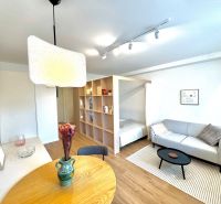 Wohnzimmer mit Holzboden, heller Couch und Esstisch in einer Einzimmerwohnung.