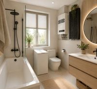 Ein Badezimmer in einem Einfamilienhaus mit Badewanne, Waschbecken und rundem Spiegel, Pflanzen schaffen eine angenehme Atmosphäre.