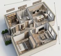 Grundriss eines Einfamilienhauses mit Küche, zwei Zimmern, Badezimmer und Abstellraum.