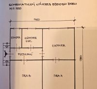 Schematisches Layout eines Einfamilienhauses mit einem Zimmer, einer Küche, einem Badezimmer und einer Speisekammer.