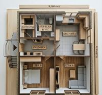Grundriss eines Einfamilienhauses mit Eingangsflur, Zimmer mit Holzdekor und Küche.