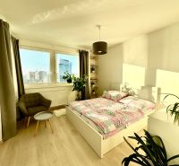Helles Schlafzimmer mit Bett, Sessel und Holzboden in einer Einzimmerwohnung.