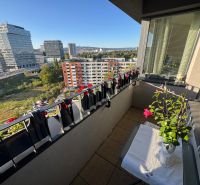 Balkon mit Pflanzen und Blick auf die Bosákova-Straße, Bratislava - Petržalka.
