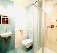 Badezimmer mit Toilette, Dusche und Waschbecken in einer 4-Zimmer-Wohnung.