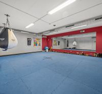 Trainingsraum mit Boxsack, Spiegeln und blauer Matte auf einem Boden mit Holzdekor.