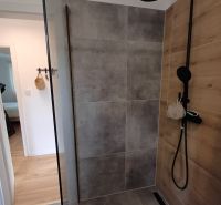 Duschkabine in einer 2-Zimmer-Wohnung mit Fliesen in Holz- und Steindekor.
