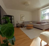 Wohnzimmer in einer 2-Zimmer-Wohnung mit Holzboden und bequemer Couch.