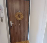 Eingangstür in einer 2-Zimmer-Wohnung mit einem Kranz und einem Boden in Holzoptik.