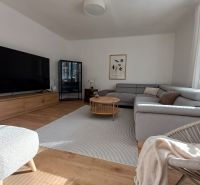 Helles Wohnzimmer mit Holzboden, Sofa und großem Fernseher in einer 2-Zimmer-Wohnung.