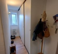 Der Flur in der 2-Zimmer-Wohnung mit einem Boden in Holzoptik und Einbauschränken.