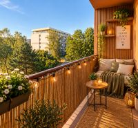 Košice - Stadtteil Staré Mesto, Stromová: Hübscher Balkon einer 2-Zimmer-Wohnung mit gemütlicher Sitzecke und Grünflächen.