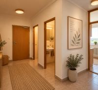 Der Flur in der 2-Zimmer-Wohnung mit Holzmöbeln und dekorativen Pflanzen.