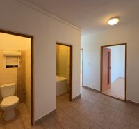 Flur in einer 2-Zimmer-Wohnung mit Fliesen und Holzboden-Dekor im Zimmer.