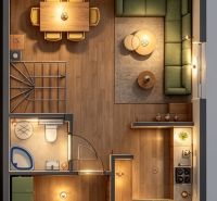 Grundriss des Innenraums eines Einfamilienhauses mit Sofa und Küche, Boden mit Holzdekor.