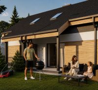 Ein Einfamilienhaus in Sasinkovo mit einer Fassade in Holzoptik und einem Gartenbereich zum Grillen.