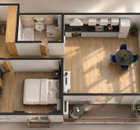 3D-Grundriss einer 2-Zimmer-Wohnung mit Holzboden, Küche und Balkon.