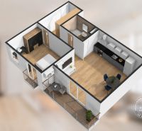 Visualisierung einer 2-Zimmer-Wohnung mit Holzboden und Balkon.