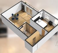 3D-Grundriss einer 2-Zimmer-Wohnung mit Holzboden, Esstisch und Schlafzimmer.