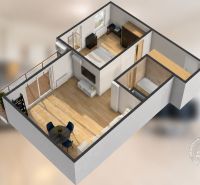 Visualisierung einer 2-Zimmer-Wohnung mit Holzboden und Balkon.